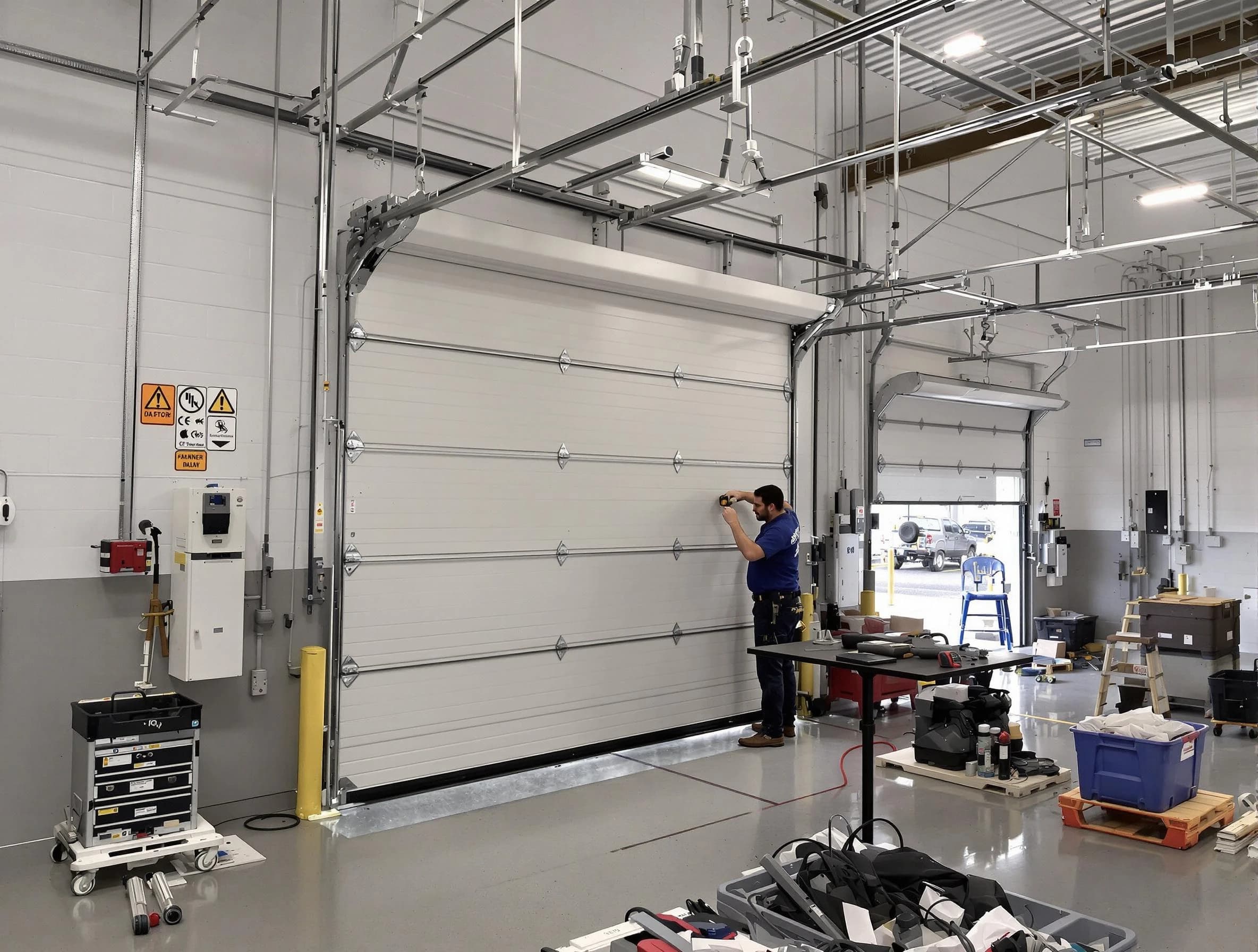 Commercial garage door repair being performed by Dedham Garage Door Repair expert in Dedham