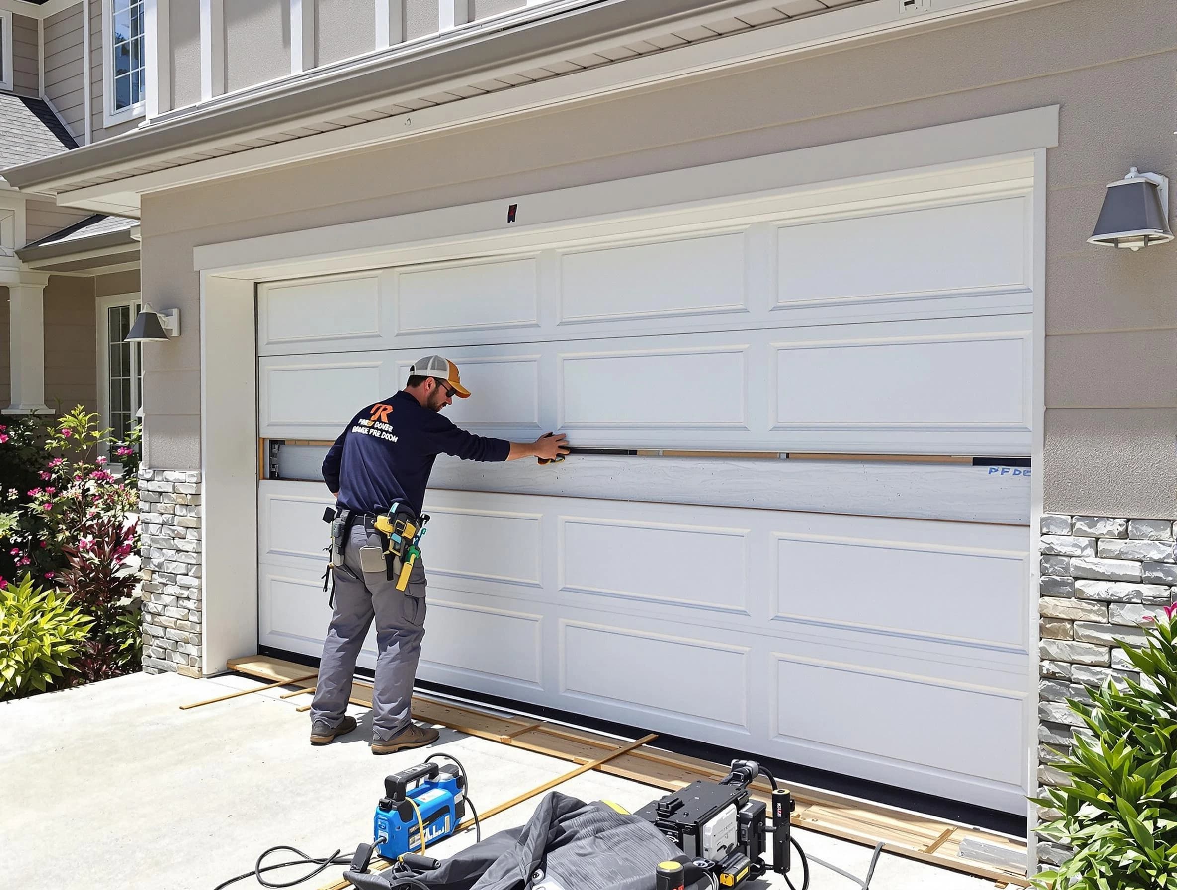 Dedham Garage Door Repair team performing complete garage door replacement at Dedham residence
