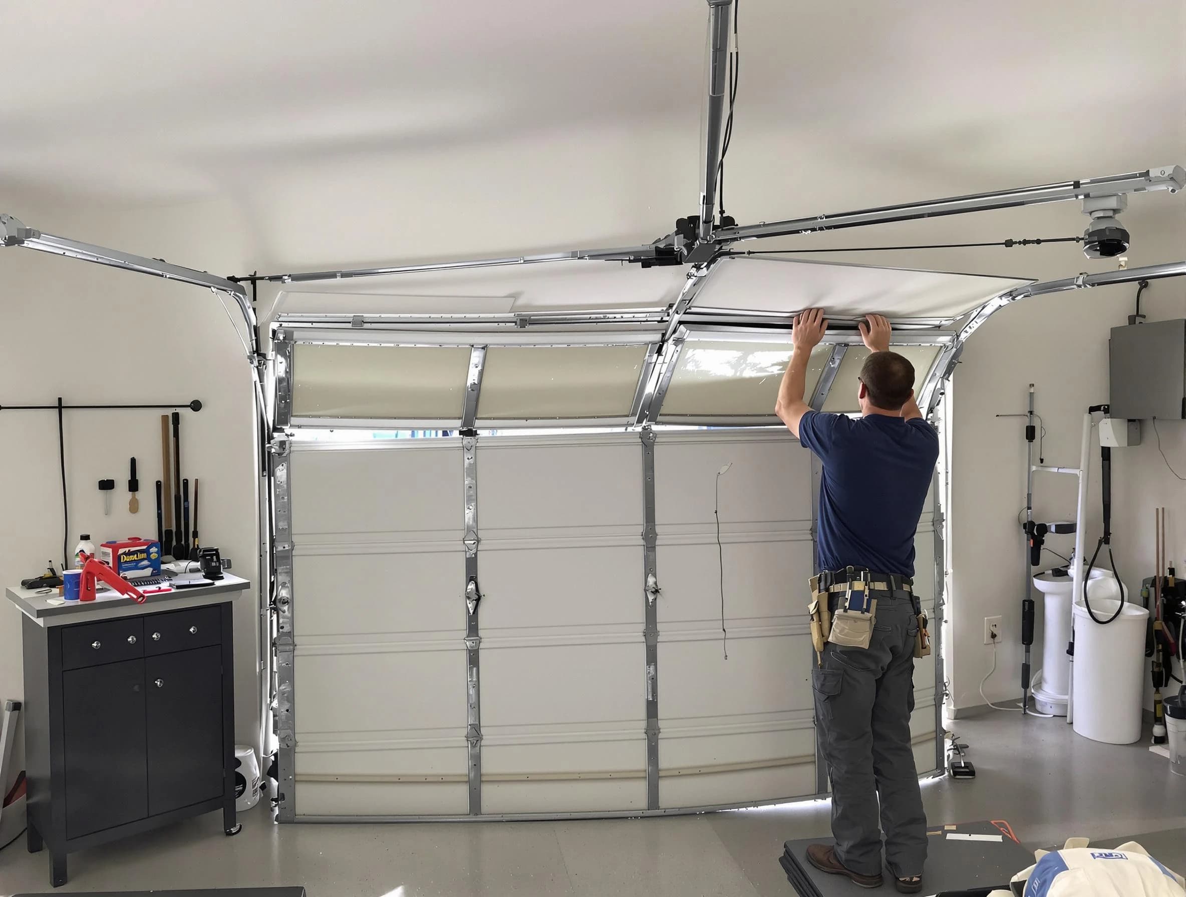 Dedham Garage Door Repair specialist performing precise section replacement on Dedham garage door
