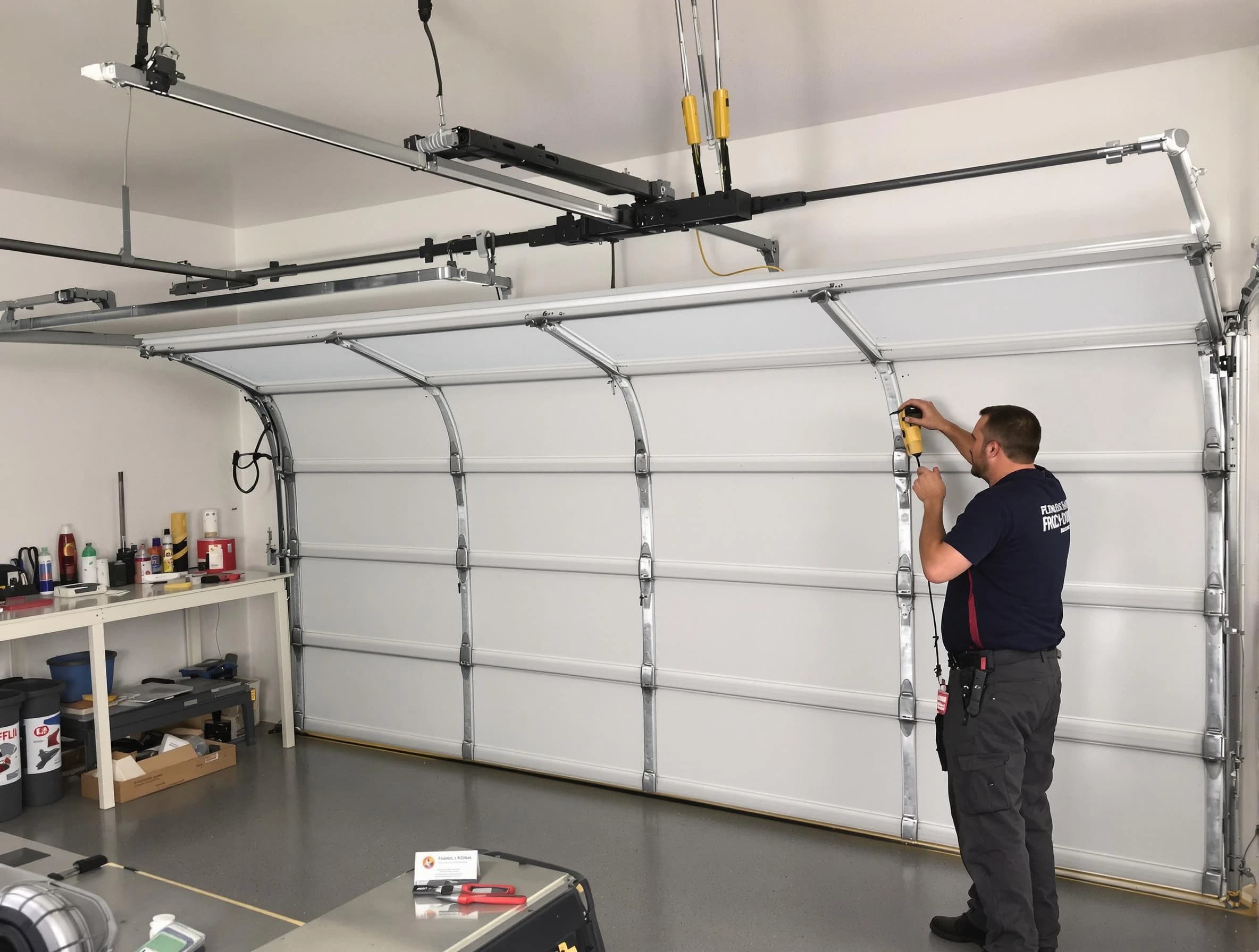 Dedham Garage Door Repair certified technician performing overhead door system repair in Dedham