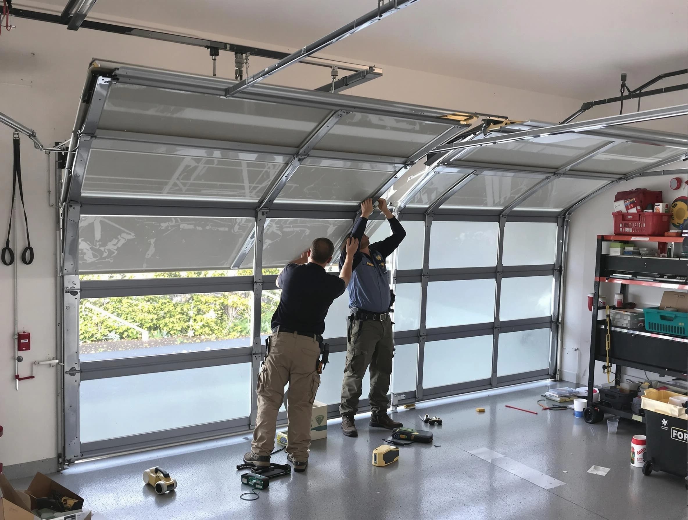 Dedham Garage Door Repair expert performing precise panel replacement on Dedham garage door