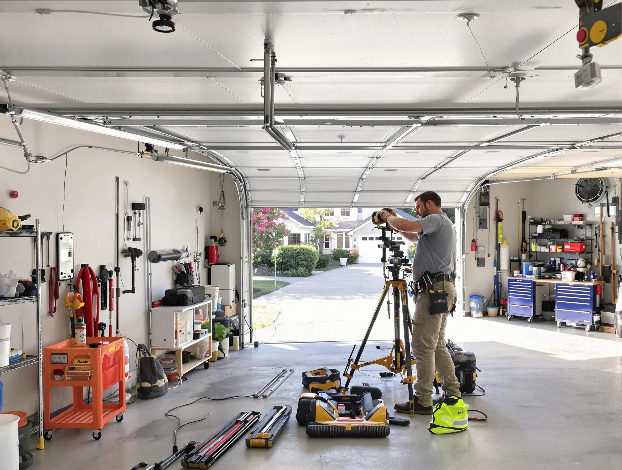 Dedham Garage Door Repair specialist performing laser-guided track alignment in Dedham