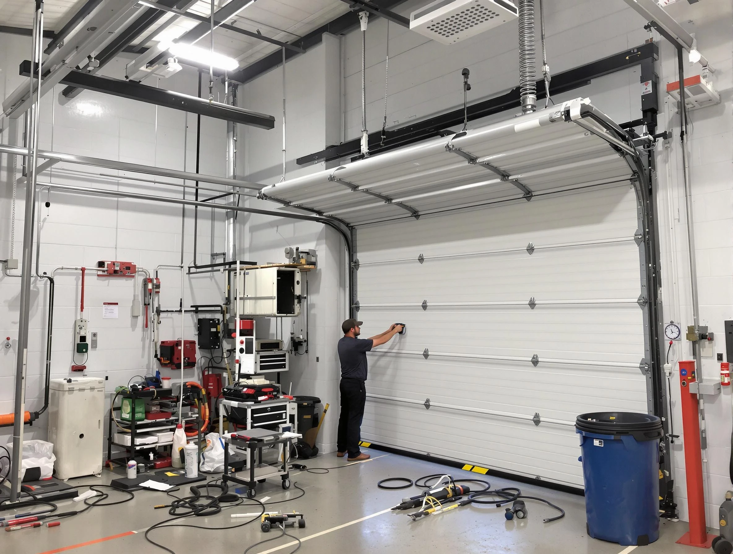 Dedham Garage Door Repair certified technician performing commercial door repair at a Dedham business facility