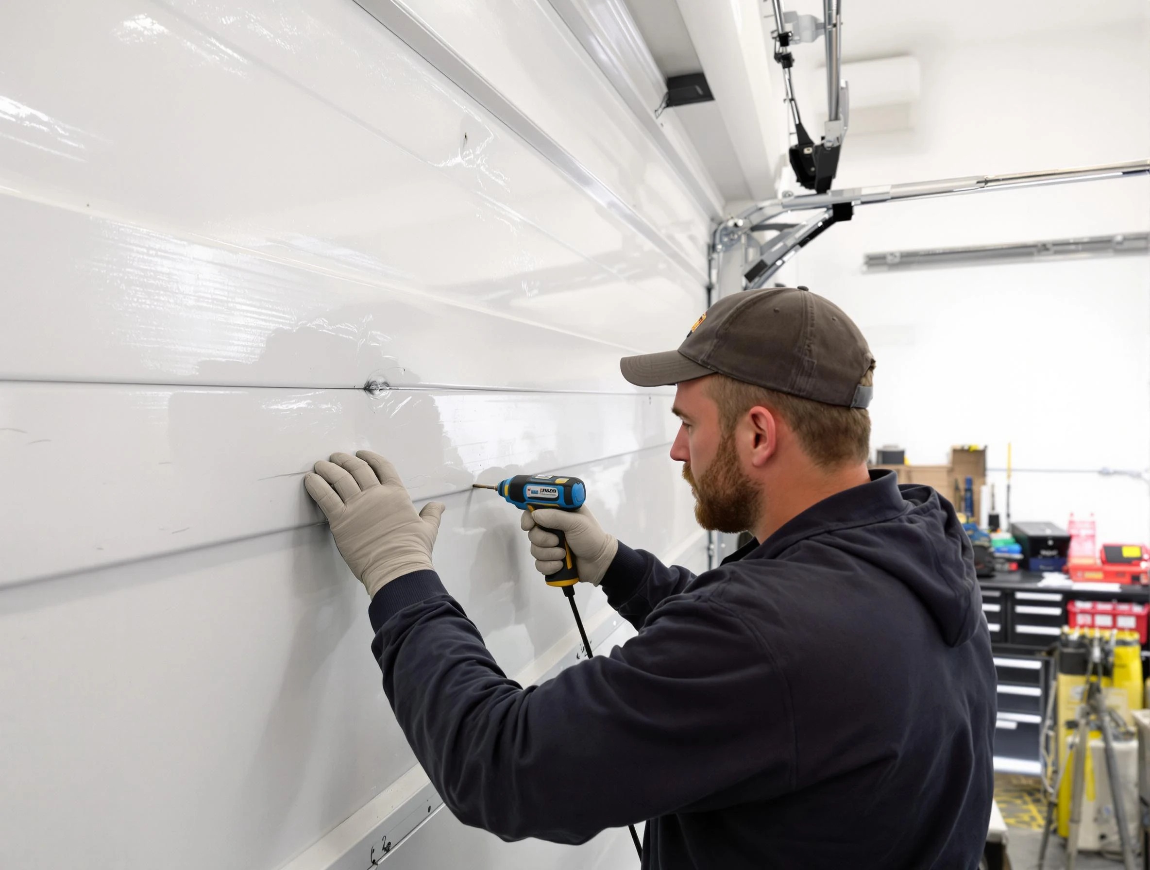 Dedham Garage Door Repair technician demonstrating precision dent removal techniques on a Dedham garage door