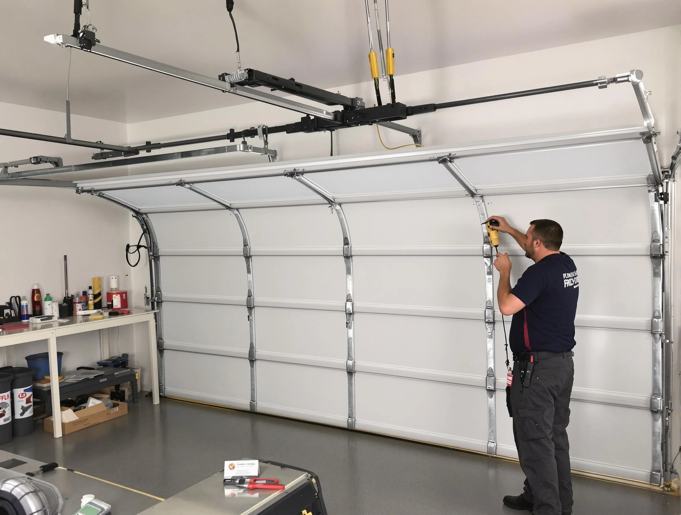Dedham Garage Door Repair certified technician performing overhead door system repair in Dedham