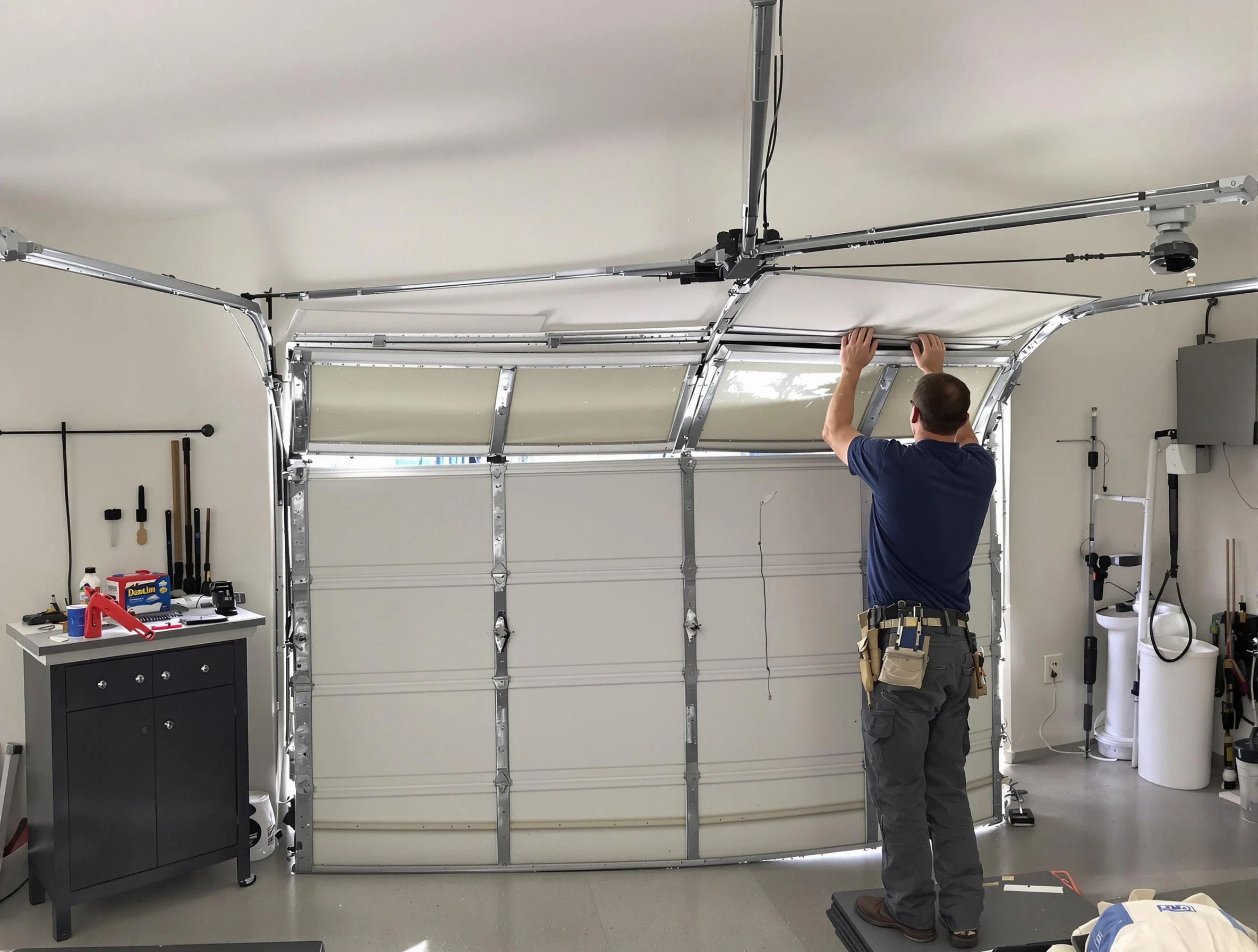 Dedham Garage Door Repair specialist performing precise section replacement on Dedham garage door